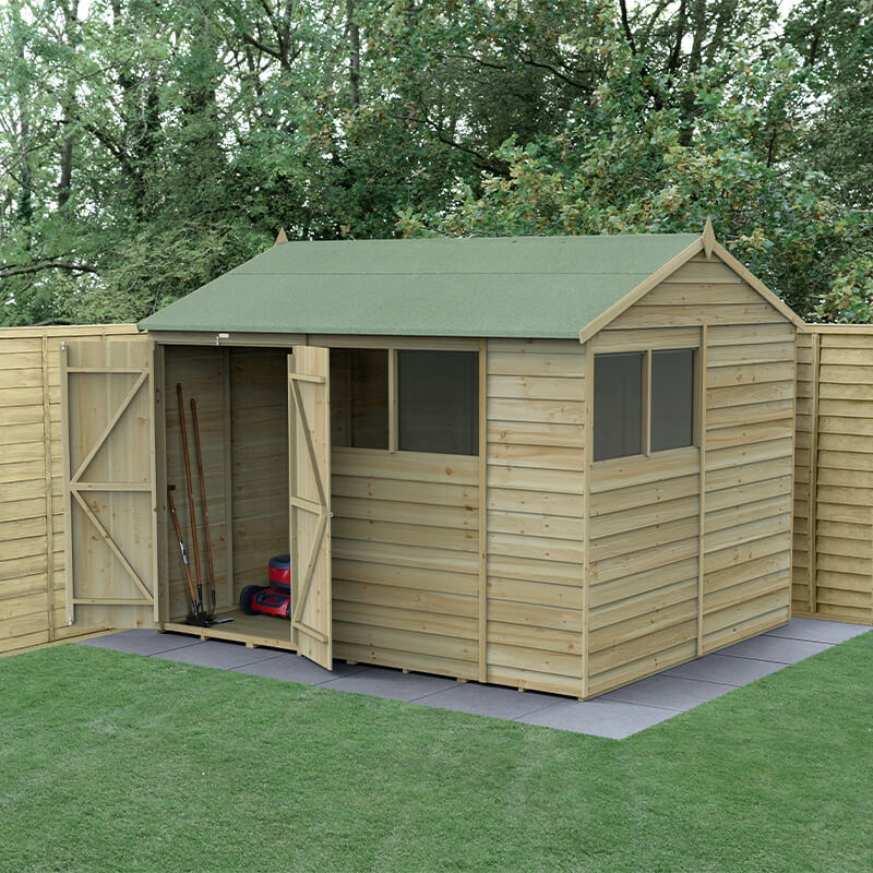 10' x 8' Forest 4Life 25yr Guarantee Overlap Pressure Treated Double Door Reverse Apex Wooden Shed - 4 Windows (3.01m x 2.61m) - Next Working Day Delivery online kaufen