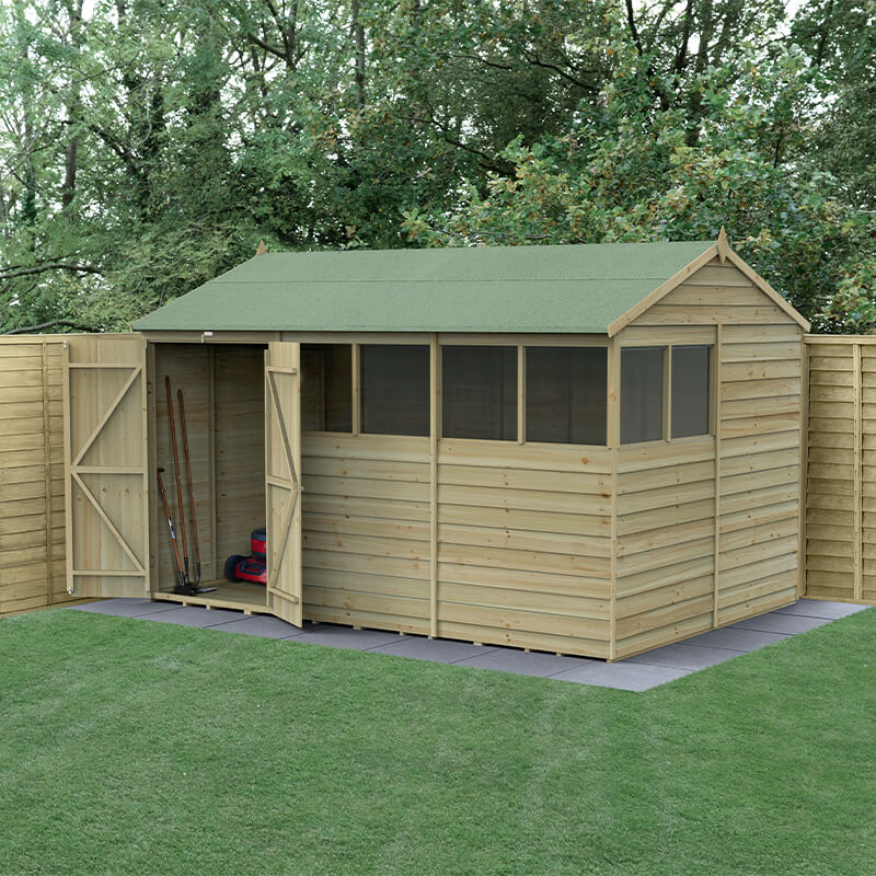 12' x 8' Forest 4Life 25yr Guarantee Overlap Pressure Treated Double Door Reverse Apex Wooden Shed - 6 Windows (3.6m x 2.61m) online kaufen