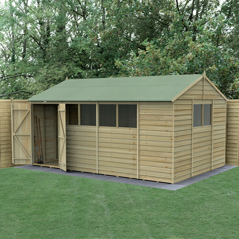 15' x 10' Forest 4Life 25yr Guarantee Overlap Pressure Treated Double Door Apex Wooden Shed - 6 Windows (4.48m x 3.21m) online kaufen
