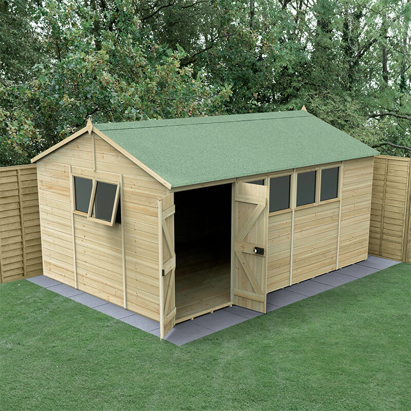 15' x 10' Forest Timberdale 25yr Guarantee Tongue & Groove Pressure Treated Double Door Reverse Apex Shed (4.53m x 3.21m) online kaufen