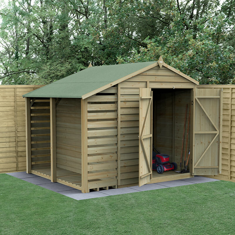 8' x 6' Forest 4Life 25yr Guarantee Overlap Pressure Treated Windowless Double Door Apex Wooden Shed with Logstore (2.42m x 2.64m) online kaufen