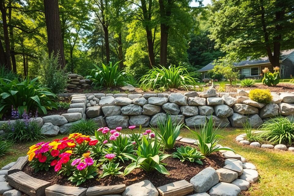 Garden Bed Edging Using Natural Stone, Wood, and Plants